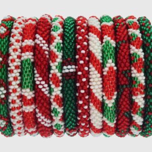 Nepali beaded roll-on bracelets in Christmas red and green